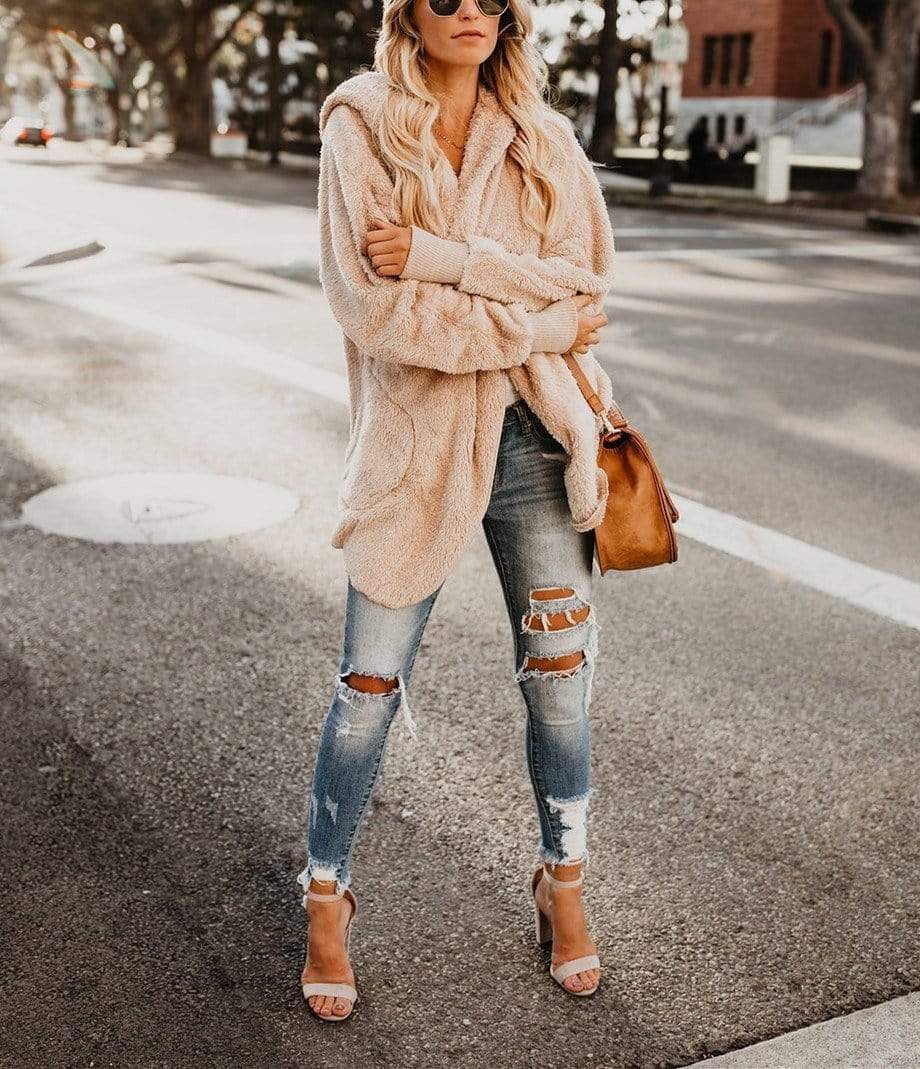 Cap Long-Sleeved Cardigan Pocket Warm Jacket for Women