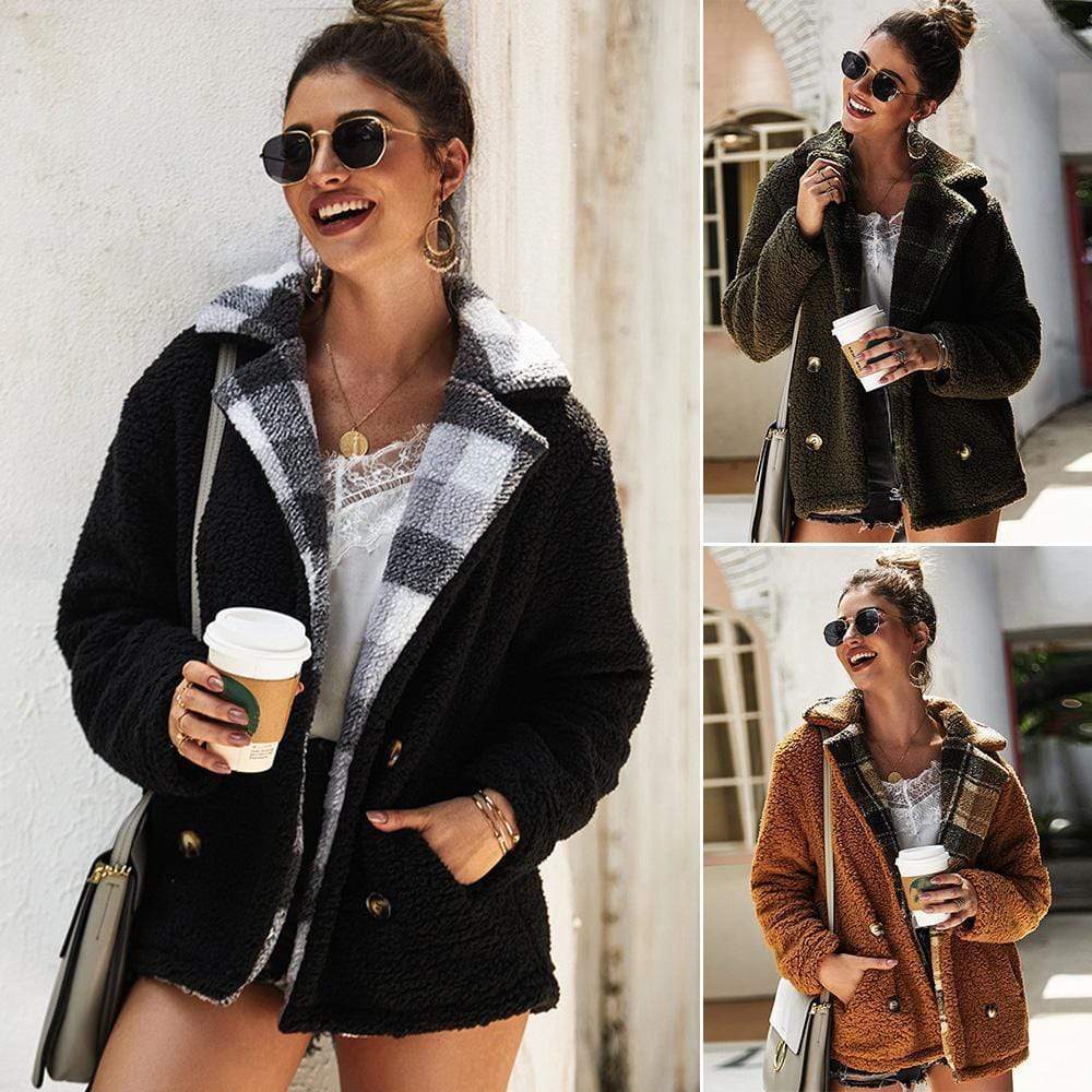 Women's Top Coat Plaid Lapel Button Down Pocket Jacket